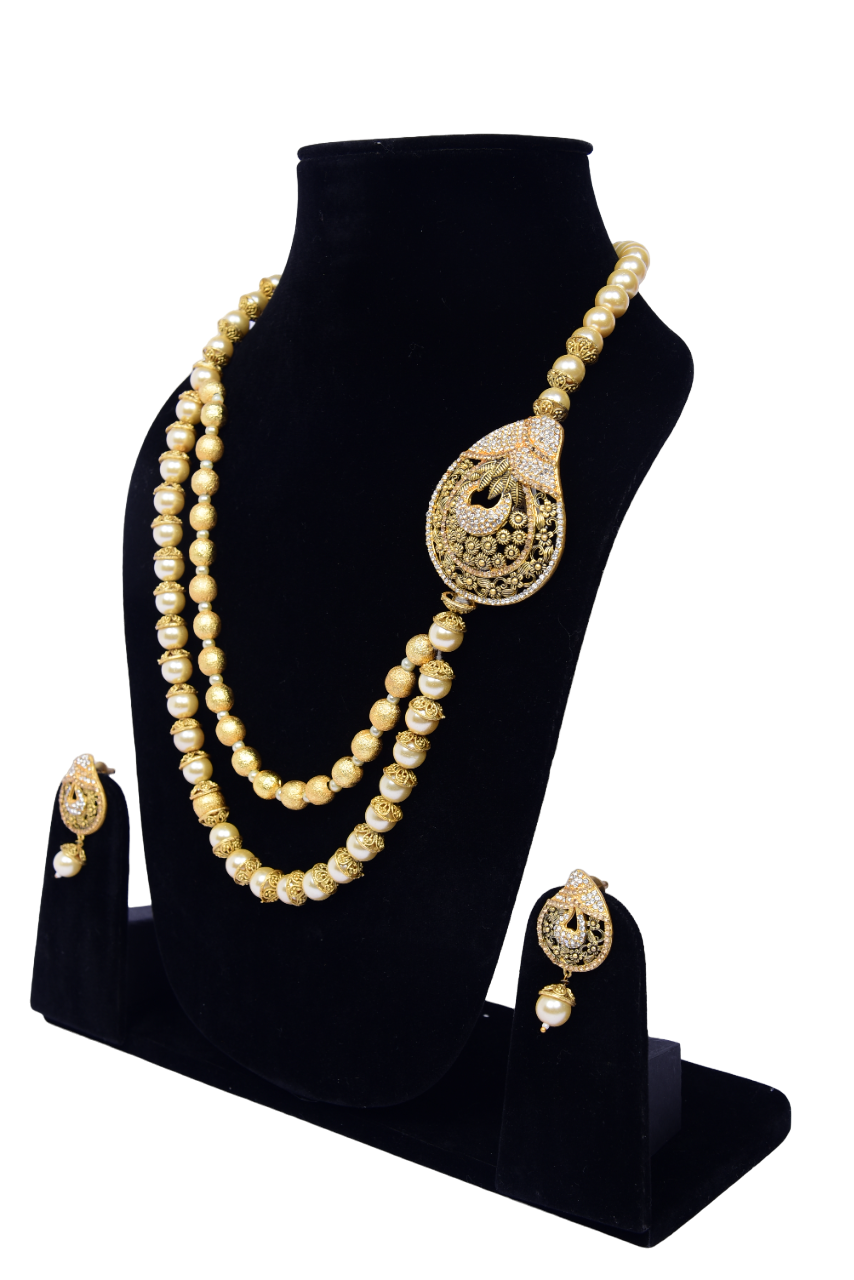 Namokriti Royal Peacock Designer Necklace Set – Traditional Gold-Toned Beads with Matching Earrings